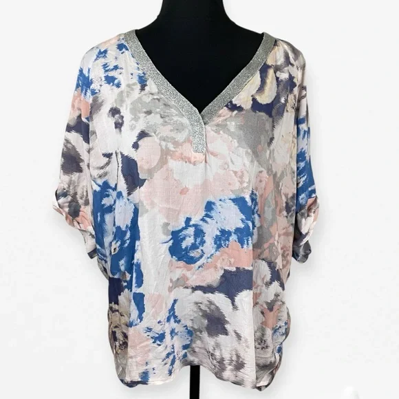 Juicy Couture Blue and Pink Flutter Short Sleeve V-Neck Blouse top XL - Picture 1 of 8